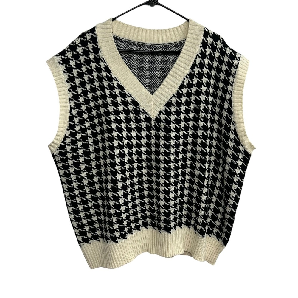 Preppy Houndstooth Sweater Vest Womens 3XL Black White Academia Layering